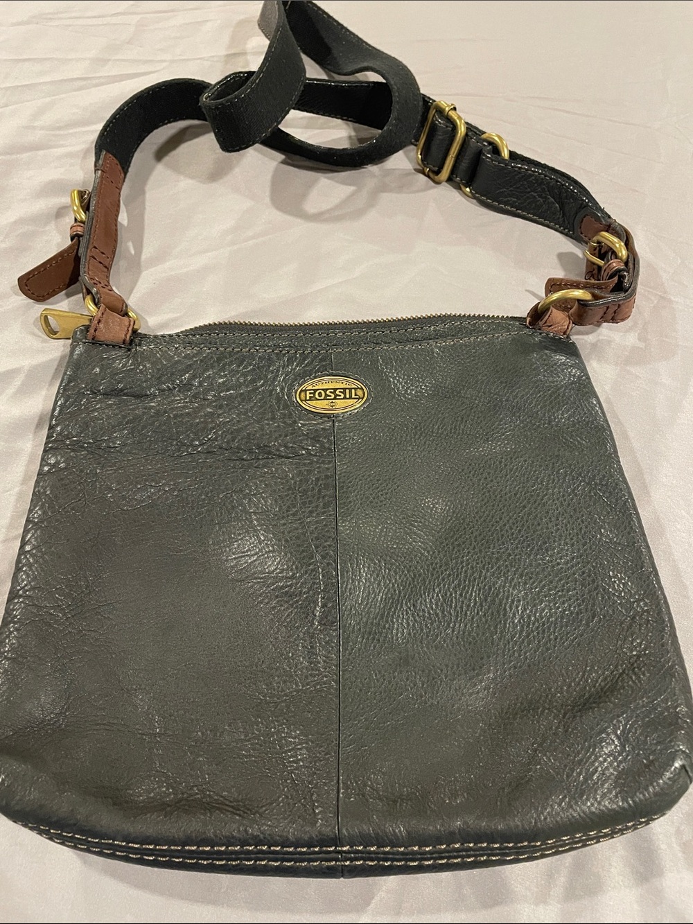 Fossil Black Leather Crossbody Messenger with Brown Accents